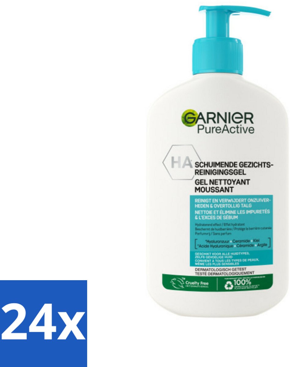 24 x Garnier - Pure Active - Gezichtsreiniger - Hydraterend - 250 ml - Gezichtsreiniger - Hydraterende Reiniger - Garnier Pure Active - Gezichtsverzorging - Gevoelige Huid