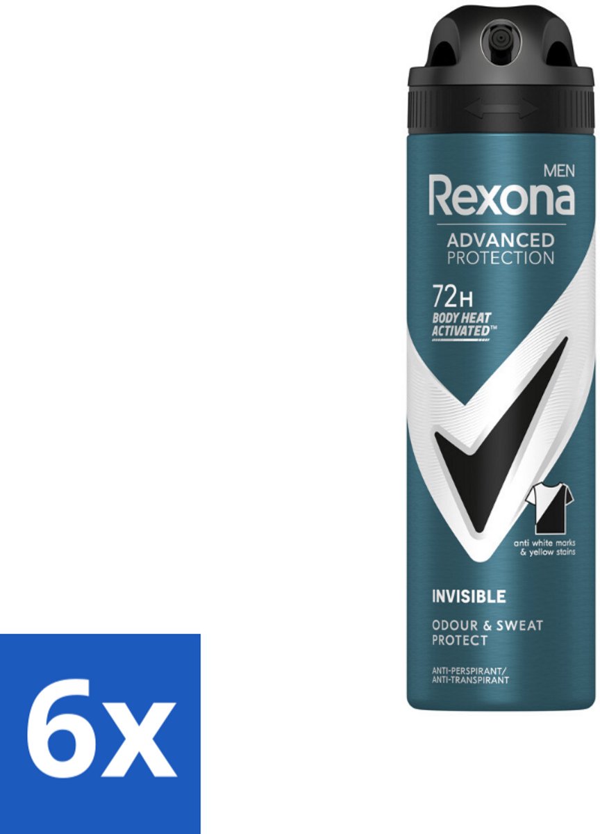6 x Rexona Men - Deodorant Spray - Advanced Protection Invisible - Langdurige Frisheid - 150 ml - Rexona Man - Antitranspirant - Deodorant - 72 Uur Bescherming - Streepvrij