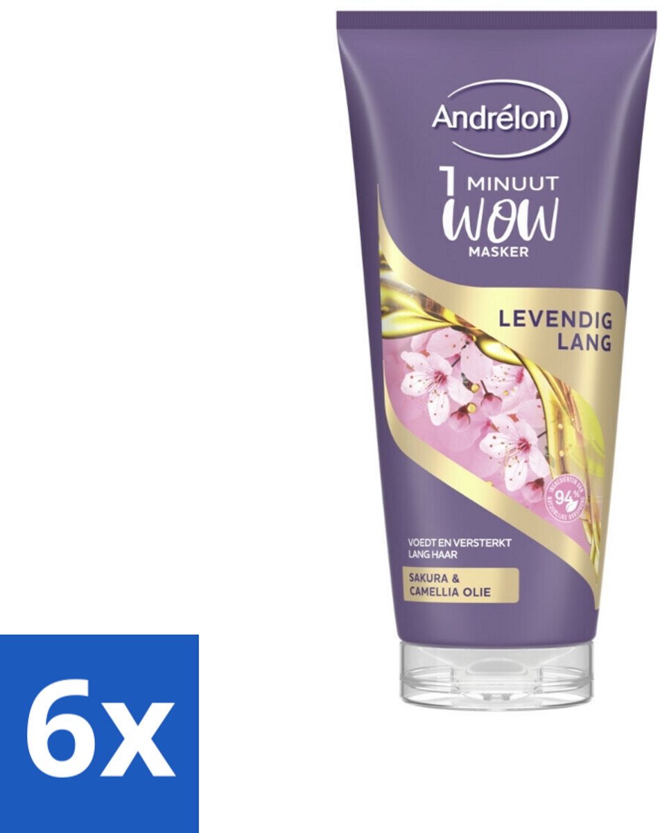 6 x Andrélon - WOW - Masker - Levendig Lang - 180 ml - Haar Masker - Lang Haar - Haarverzorging - Sakura Olie - Camellia Olie
