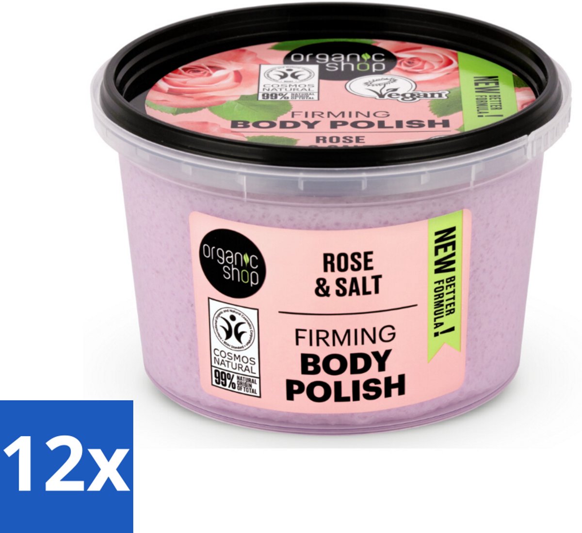 12 x Organic Shop - Body Scrub Rose - Hydraterend en Verzorgend - 250 ml - Lichaams Scrub - Peeling - Organische Amandelolie - Biologische Ingrediënten - Hydraterende Body Scrub