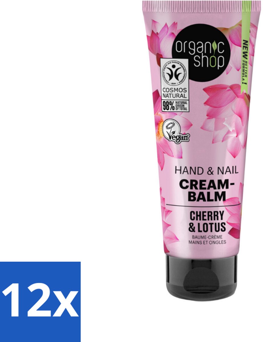 12 x Organic Shop - Hand & Nail Cream - Cherry & Lotus - Verzorgend en Hydraterend - 75 ml - Biologische Handcrème - Japanse Spa - Handverzorging - Nagels Verzorgen - Hydraterende Crème