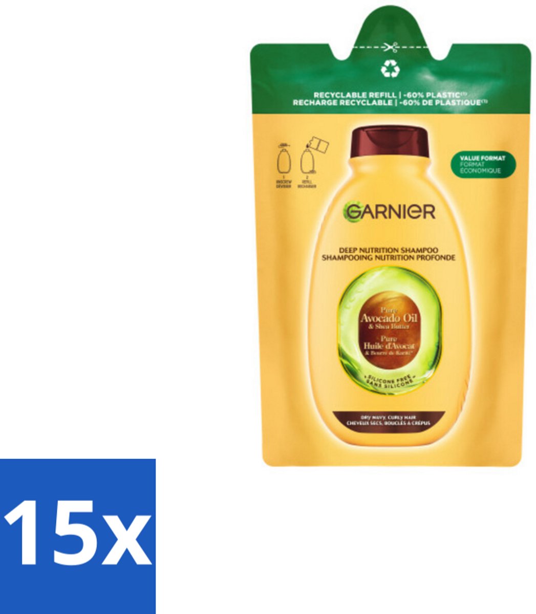Garnier - Loving Blends - Shampoo Refill - Avocado Olie & Shea Boter - Zeer Droog, Golvend of Krullend Haar - 250 ml - Bulkverpakking - 15 stuks