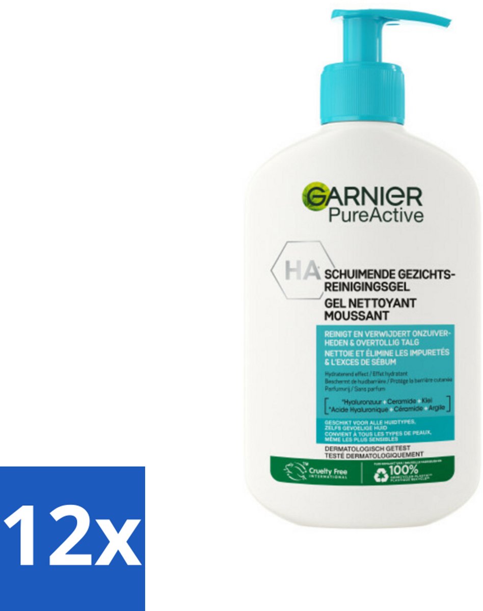 12 x Garnier - Pure Active - Gezichtsreiniger - Hydraterend - 250 ml - Gezichtsreiniger - Hydraterende Reiniger - Garnier Pure Active - Gezichtsverzorging - Gevoelige Huid