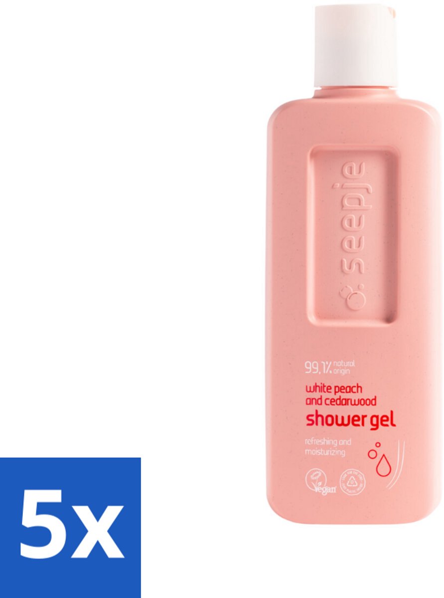 Seepje - Douchegel - Natuurlijke Geur - Witte Perzik en Cederhout - 300 ml - Bulkverpakking - 5 stuks