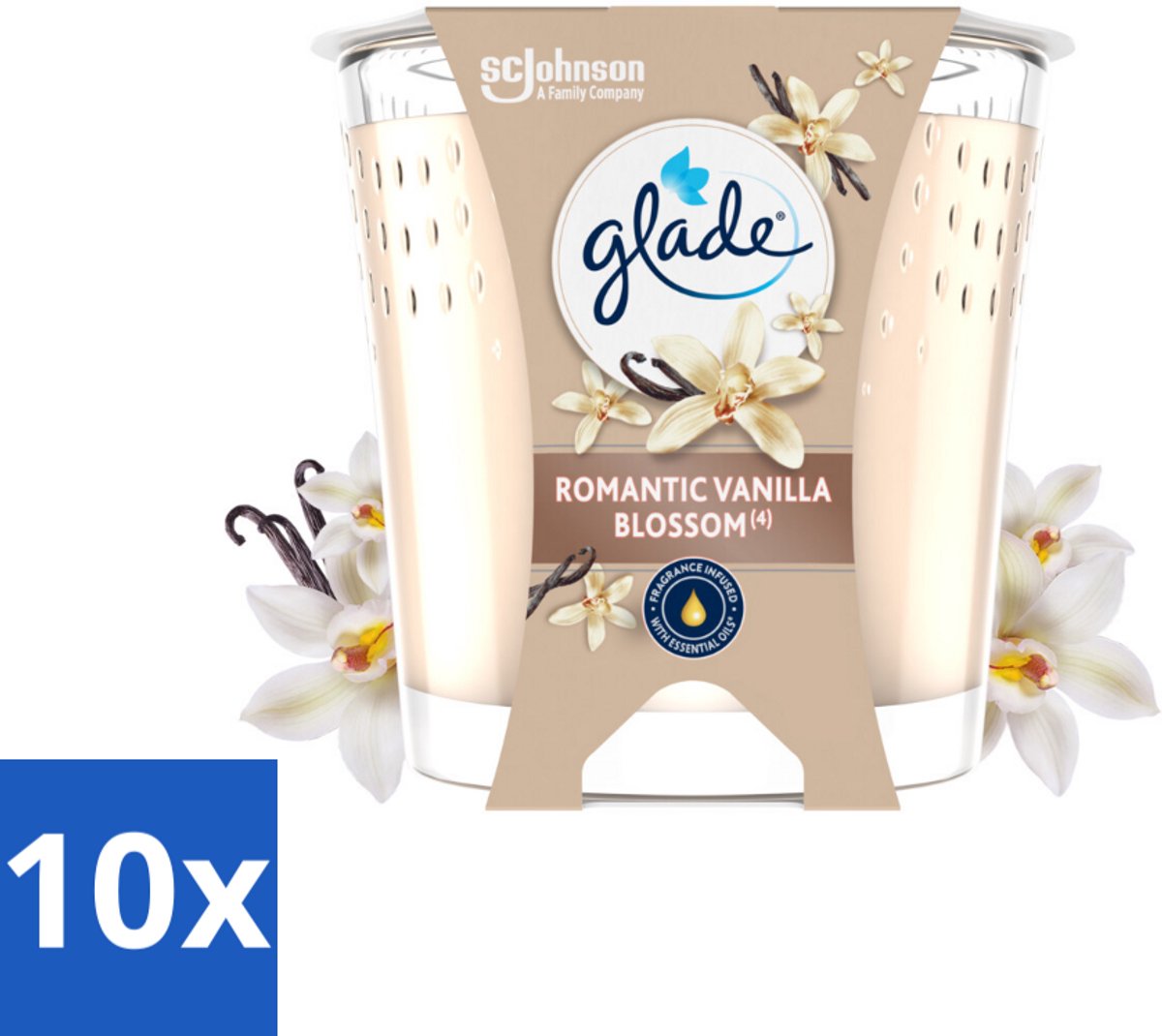 10 x Glade - Geurkaars Romantic Vanillebloesem - 100% Raapzaadwas & Vegan - 112 g - Geurkaars - Vegan - Raapzaadwas - Vanille - Amber