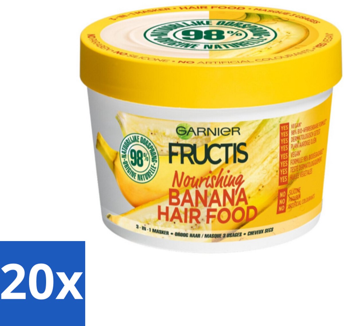 20 x Garnier - Fructis Hair Food Banana - 3-in-1 Haarmasker - Voedend - Droog Haar - 400 ml - Haarmasker - Kokosmelk - Macadamia - Droog Haar - Haarvoeding
