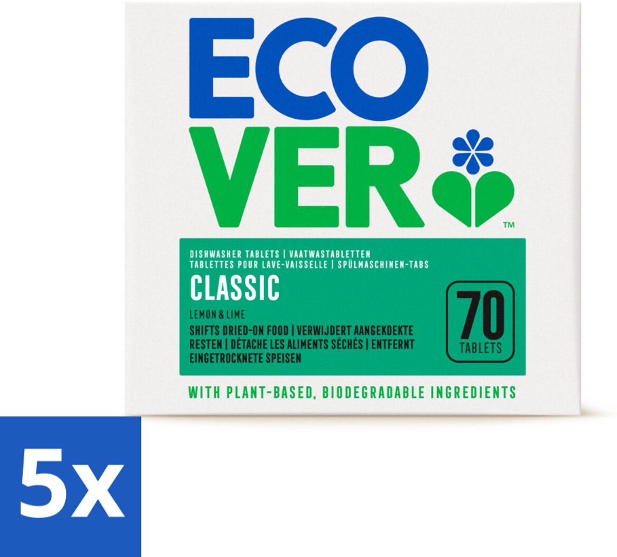 5 x Ecover - Vaatwastabletten Classic - Citroen & Limoen - 70 Tabs - Vaatwasmiddel - Vaatwastabletten - Citroen En Limoen - Natuurlijke Reiniging - Fosfaatvrij
