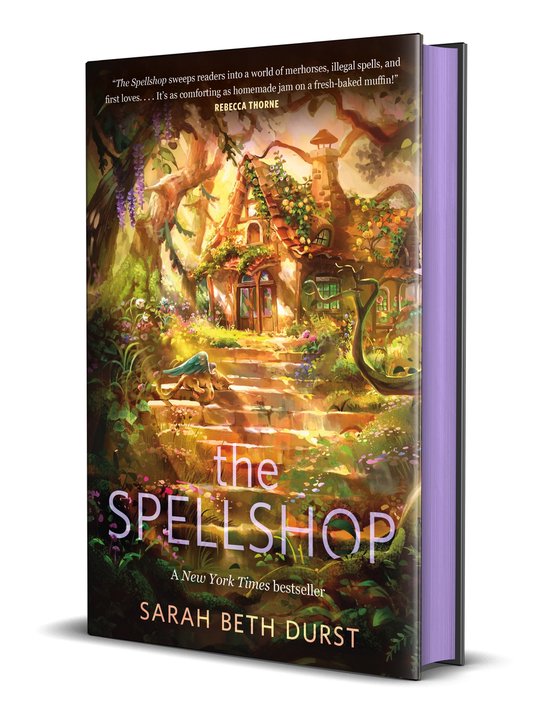 Couverture du livre 'The Spellshop' représentant une maisonnette féerique et une silhouette sur des escaliers.
