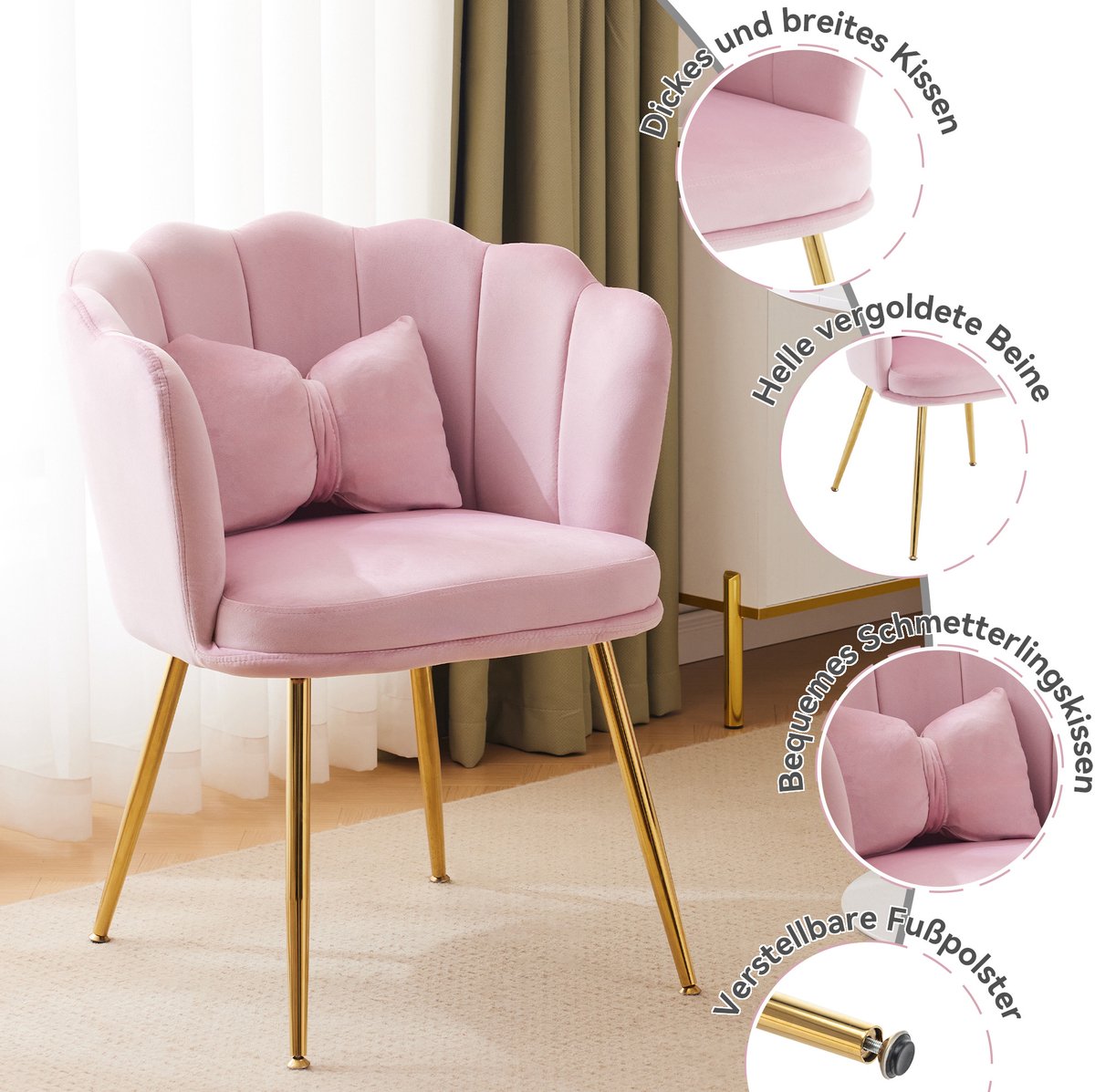 Moderne Fluwelen Eetkamerstoel Set Van 6 Kuipstoel Met Armleuningen En Gouden Metalen Poten Voor Woonkamer Slaapkamer En Eethoek Pink
