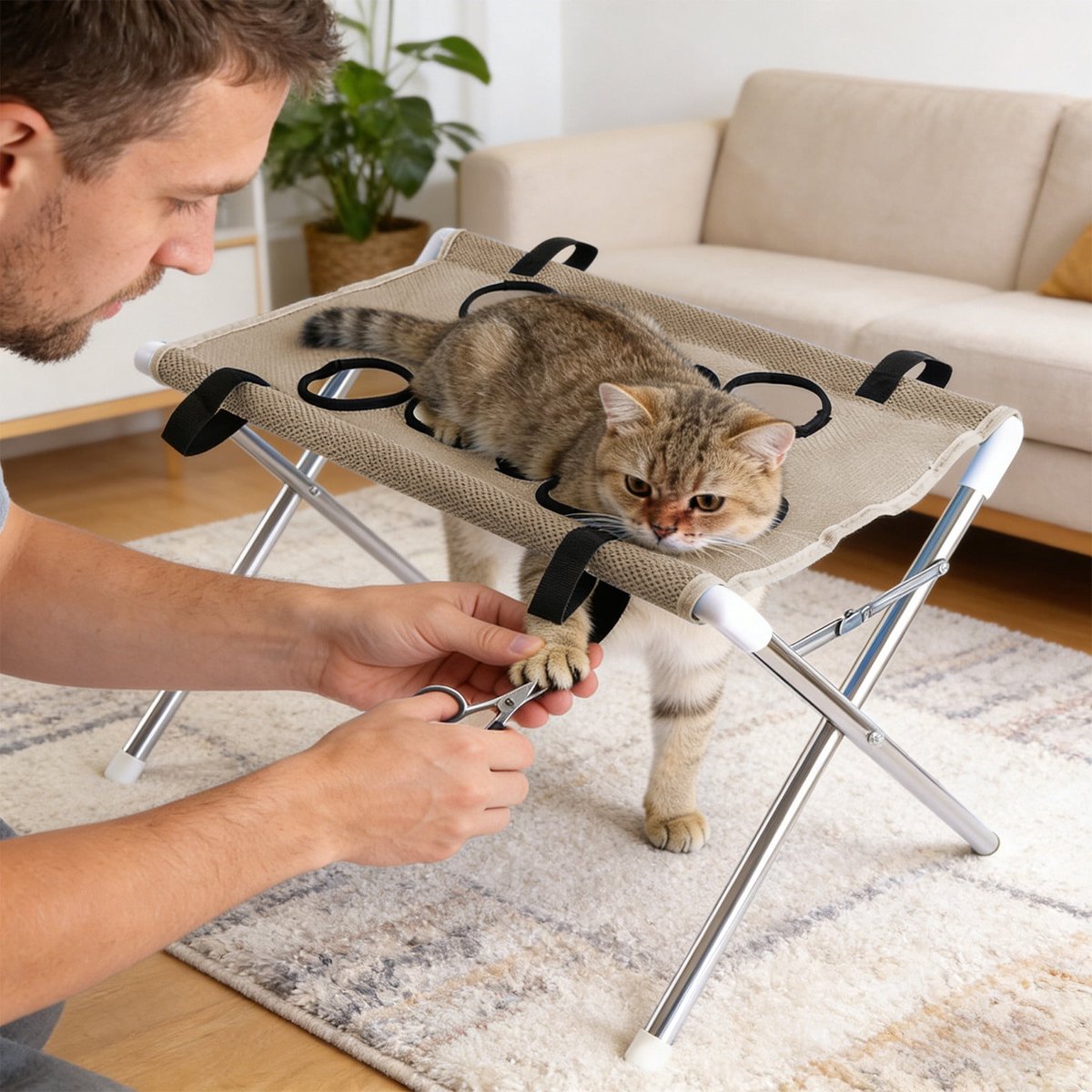 Ulisem - Dierenverzorgingshangmat - 8 Gaten Verstelbaar - Ademend Polyester Netstof - Opvouwbaar Met IJzeren Frame - Multifunctioneel Voor Katten En Kleine Honden - Voor Nagels Knippen Vacht Borstelen Oren Reinigen - Huisdier Verzorging - Bruin