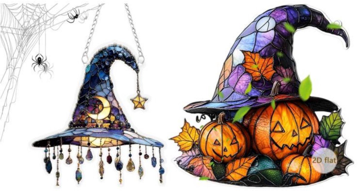 Platte 2D-hangdecoraties van acryl voor Halloween - 2 stuks - 20 x 0,2 cm – Ontwerp met heksenhoed – Hangende decoratie voor ramen en tuin – Decoratie voor binnen – Leuke Halloween-raamversiering – Geschikt voor ramen, keukens en woondecoratie