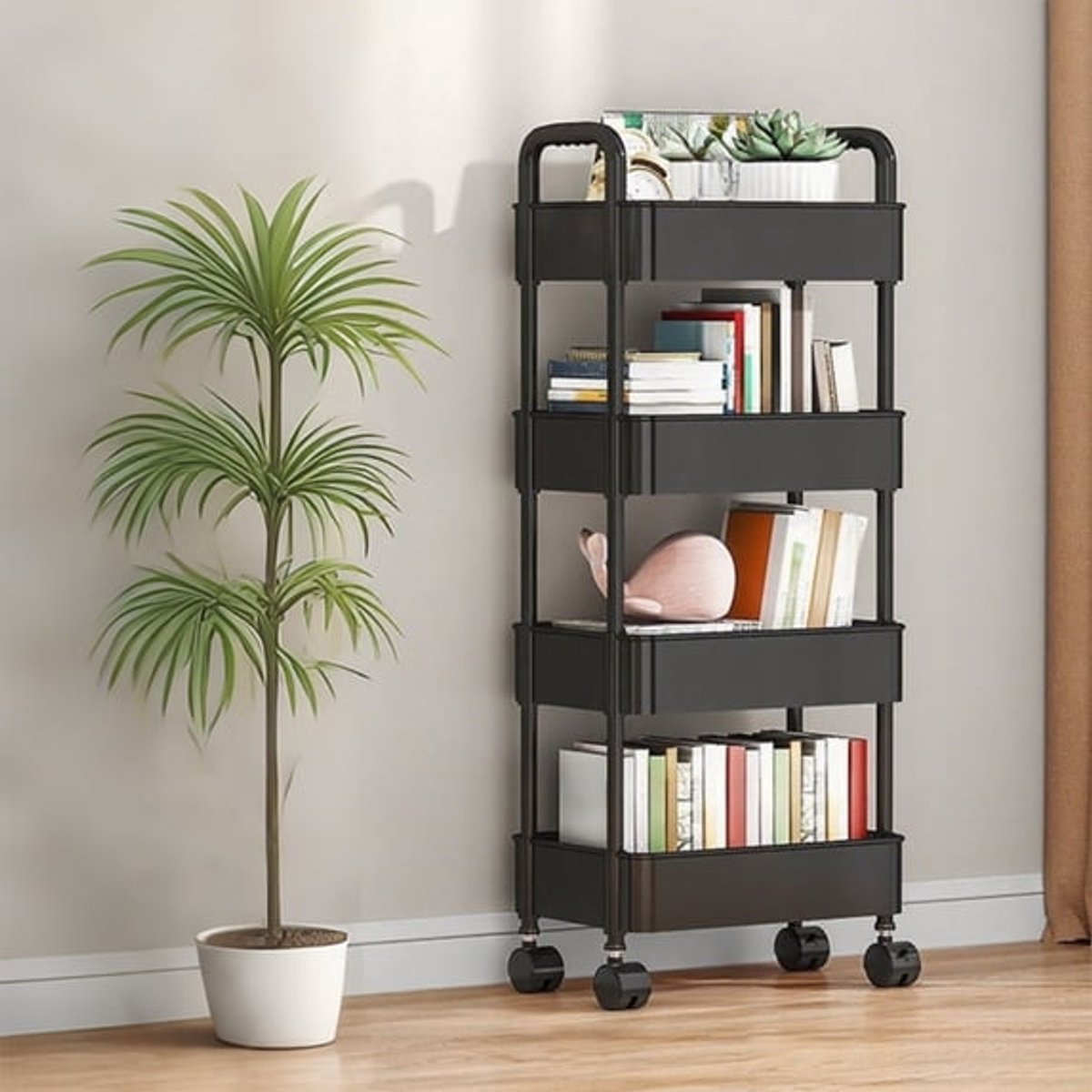 Ulisem - Opbergwagen - 4 Lagen Smal Wagentje Met Handgreep En Wieltjes, Open Dienbladrek Van Kunststof, Zwart, Multifunctioneel Voor Badkamer, Keuken, Woonkamer En Kantoor, Ventilerende Planken, Eenvoudig Te Verplaatsen En Schoon Te Maken