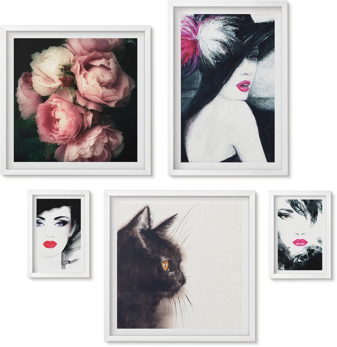 Wallfluent 5-Delige Schilderij Set - Stijlvolle Portretten Van Vrouwen Met Rozen En Een Kat - 50 x 50 cm, 20 x 30 cm En 40 x 60 cm - Muurdecoratie - Decoratieve Schilderijen - Wohnzimmer