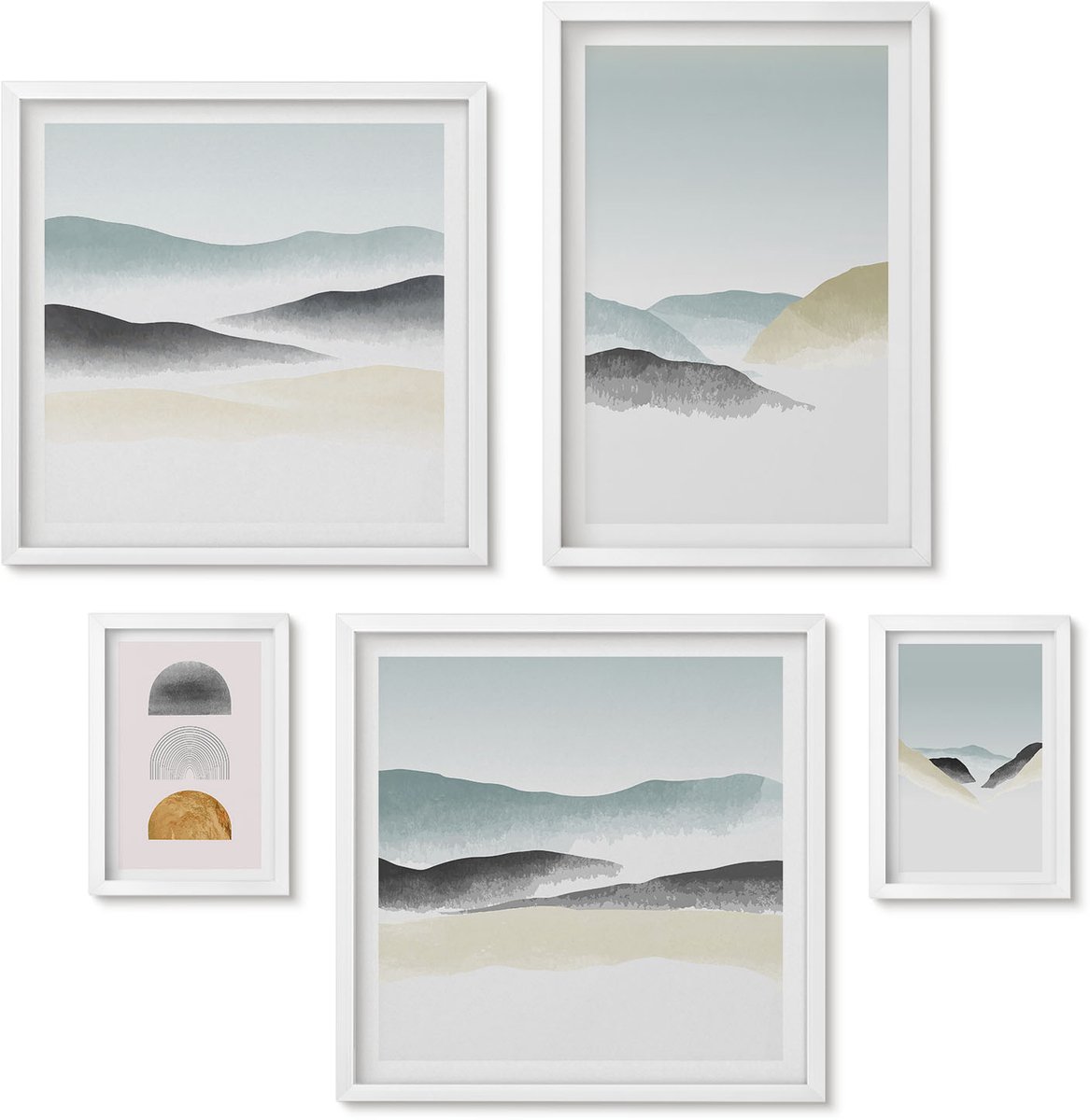 Wallfluent 5-Delige Schilderij Set - Abstracte Landschappen In Delicate Natuurlijke Tinten. - 50 x 50 cm, 20 x 30 cm En 40 x 60 cm - Wanddecoratie - Schilderijen Set - Kantoor - Woonkamer Decoratie