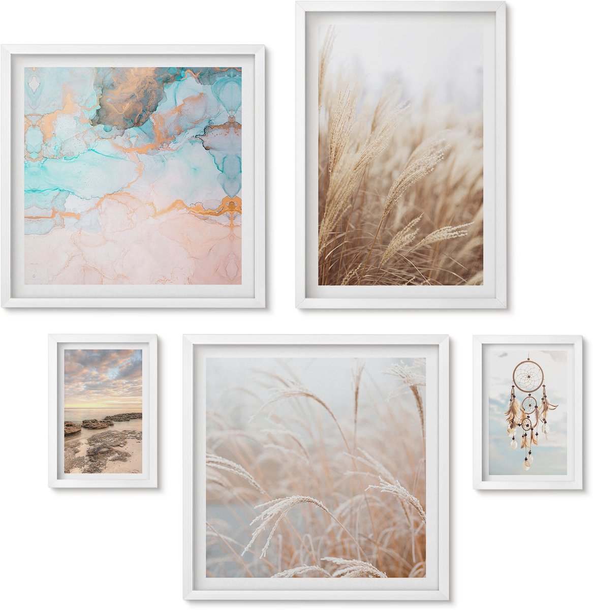 Wallfluent 5-Delige Schilderij Set - Natuurlijke Landschappen Met Boho-Motieven En Etnische Accenten. - 50 x 50 cm, 20 x 30 cm En 40 x 60 cm - Wanddecoratie - Woonkamer Decoratie