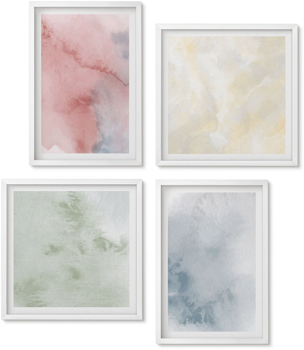 Wallfluent 4-Delige Schilderij Set - Pastelkleurige Structuren, Kleurrijke Aquarelverf Op Canvas - 40 x 40 En 40 x 60 - Wanddecoratie - Woonkamer Decoratie - Interieur Decoratie