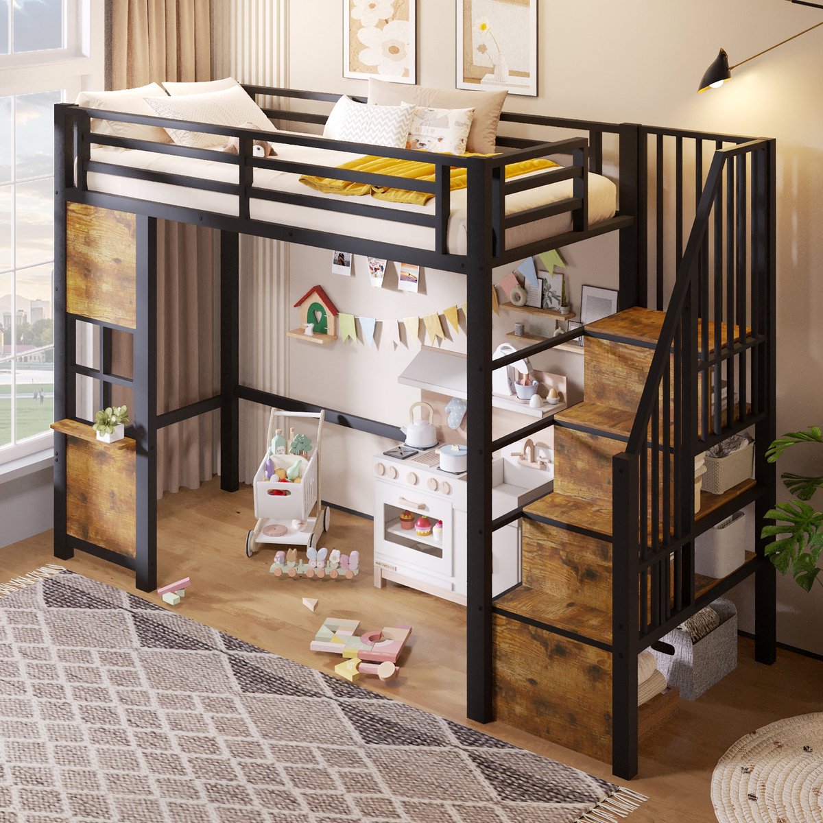 FloraGrace Hoogslaper 90 x 200 cm - Kinderbed Met Trap En Opbergruimte - Met Uitvalbeveiliging - Metaal En MDF - Zwart Zonder Matras