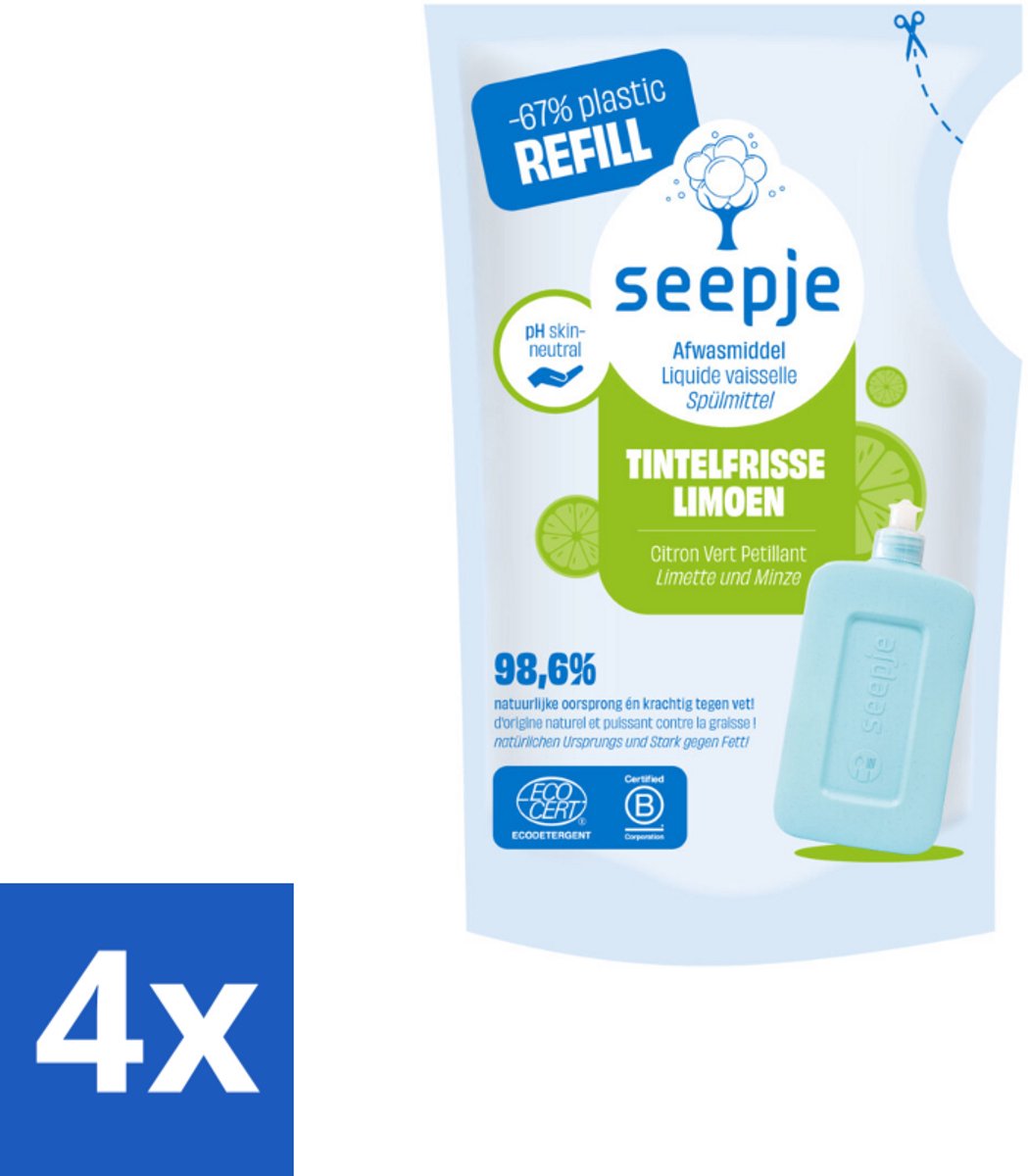 Seepje - Afwasmiddel - Duurzaam & Herbruikbaar - Re-fill - Tintelfrisse Limoen Geur - 500 ml - Voordeelverpakking - 4 stuks