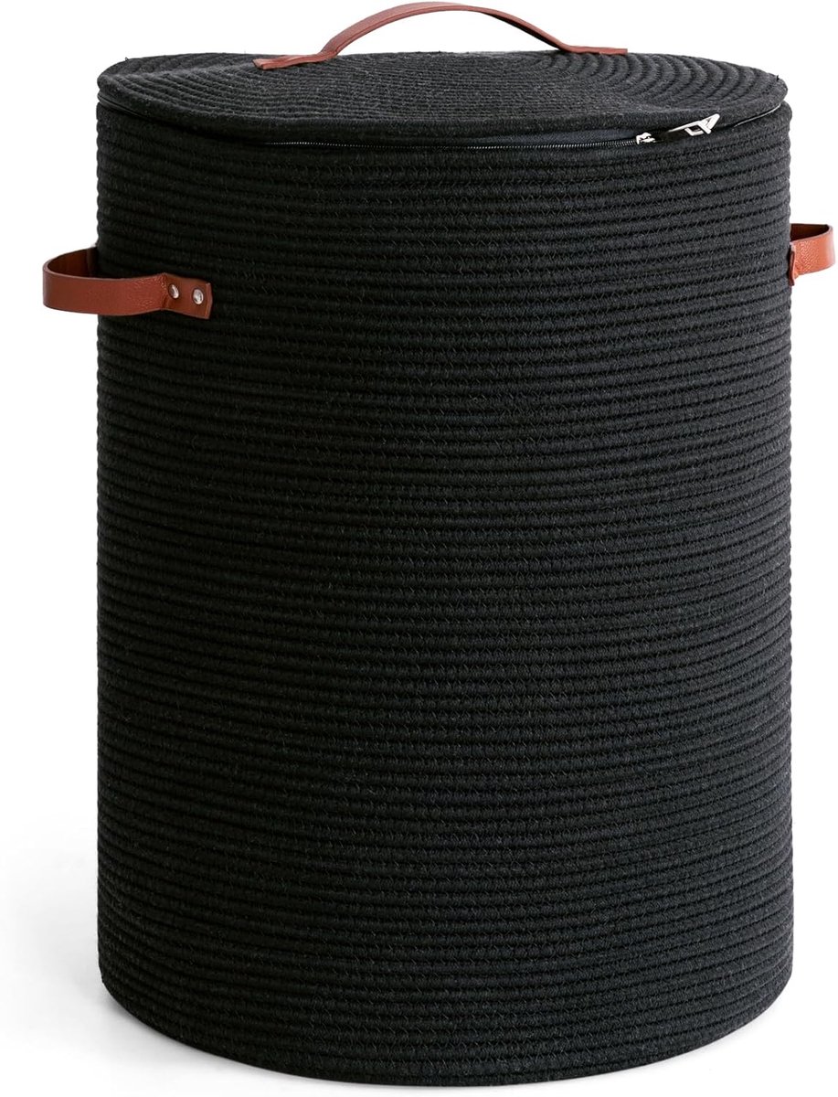Hoge wasmand met deksel 38 x 50 cm - zwarte geweven mand - decoratief voor slaapkamer - ShopVlot