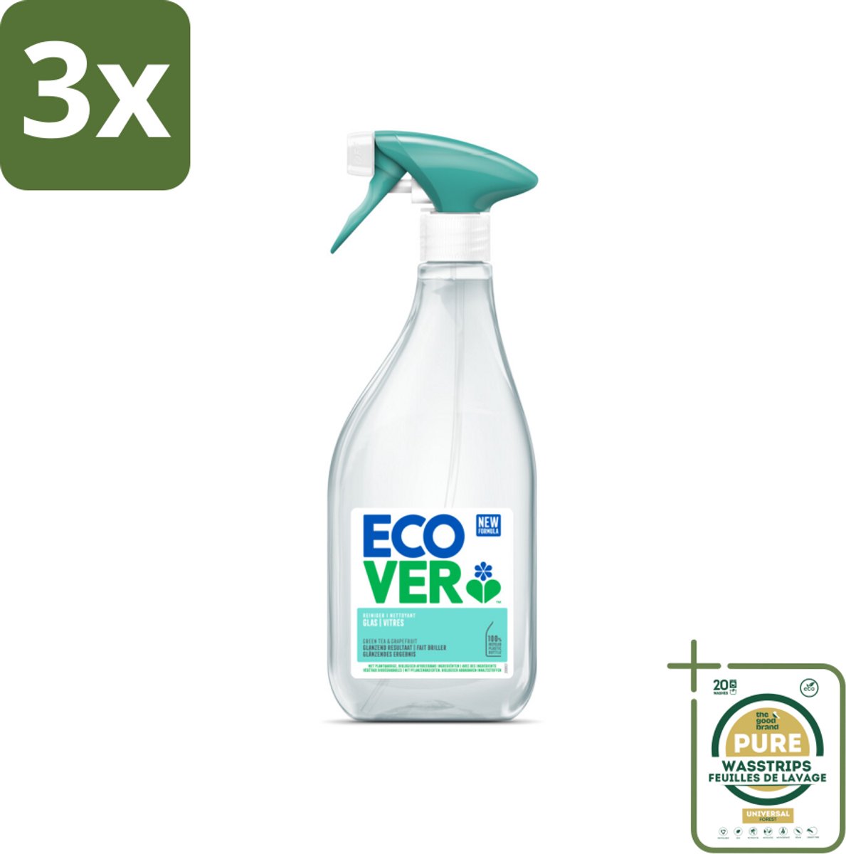 3 x Ecover - Glasreiniger Spray - 500 ml - Grootverpakking - Glas Reiniger - Glas Reinigen - Streepvrije Glans - Plantaardige Reiniger - Ecologische Reiniger