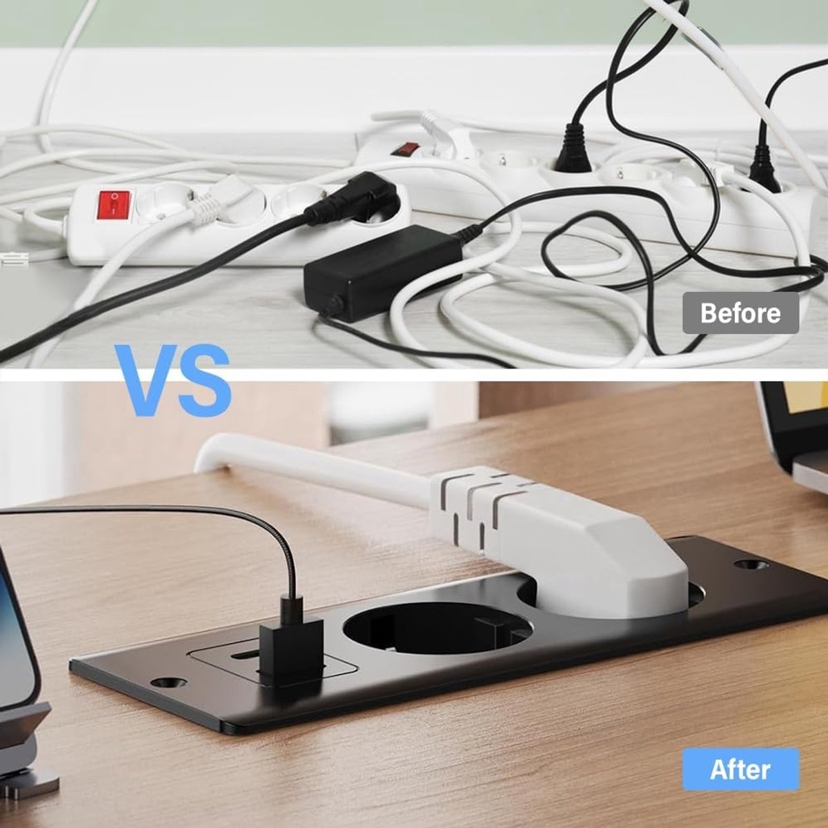 Inbouwstopcontact met USB en Type-C - Zwart - 160 x 60 x 45 mm - 4-in-1 Tafelstopcontact met 2 m Kabel - Voor Thuis en Kantoor