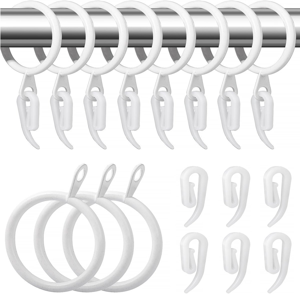 Gordijnringen, set van 22 witte metalen gordijnringen met gordijnhaken, draperen schuifgordijnringen voor stang, 30 mm - ShopVlot