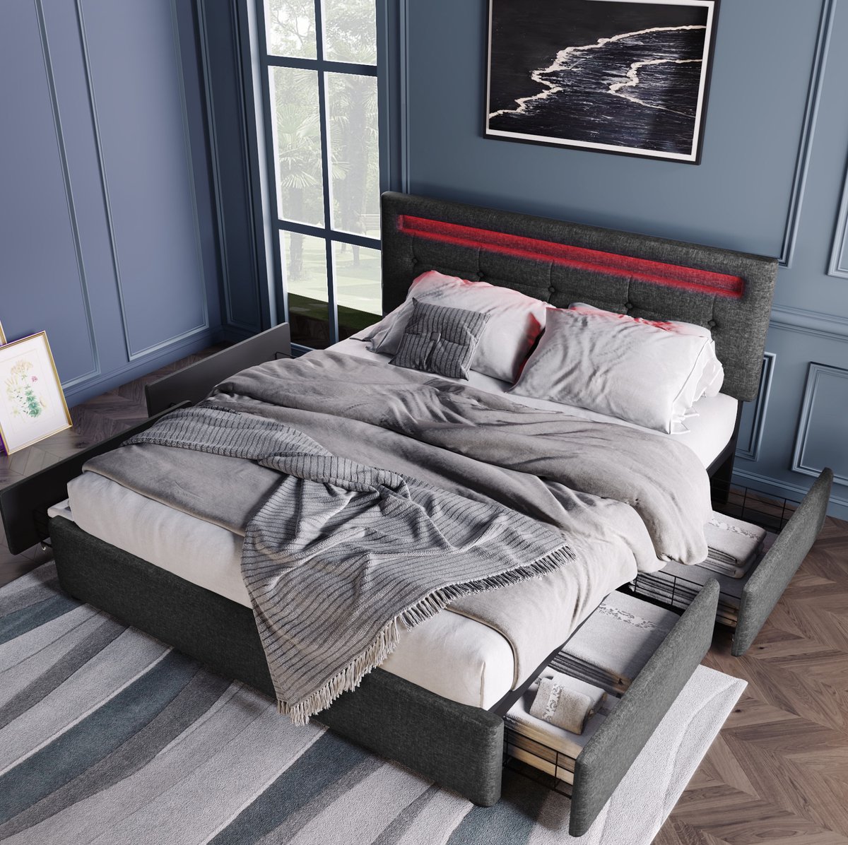 Bedframe 140x200 cm Zonder Matras Met Ledverlichting En 4 Lades - Verstelbaar Hoofdeinde - Opbergruimte - Stof - Grijs