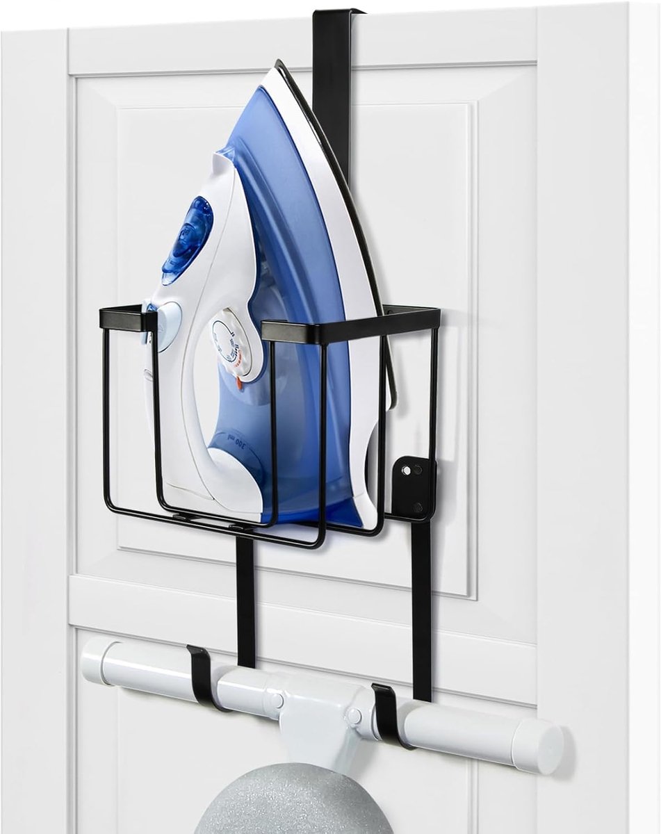 Famanu – Over de deur/wandmontage strijkplank hanger, opberghouder voor strijkijzer en strijkplank in zwart
