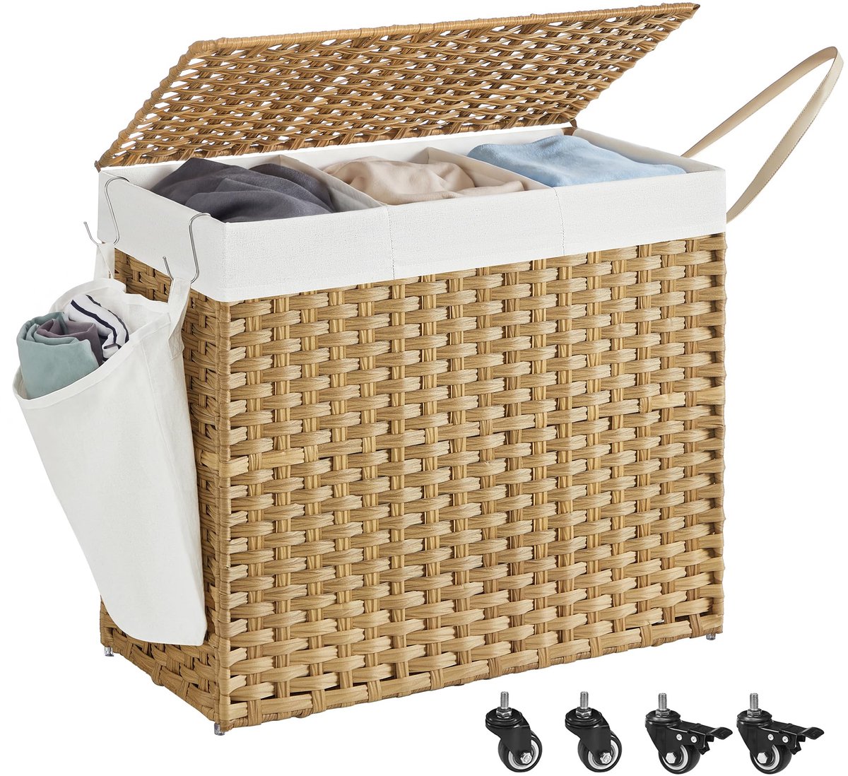 Famanu – Wasmand met deksel, 160 L, 3 compartimenten, met wielen voor eenvoudig transport en organisatie van wasgoed
