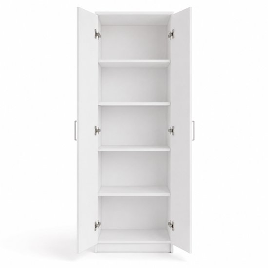 Armoire blanche avec 2 portes ouvertes, 5 étagères et 2 poignées.