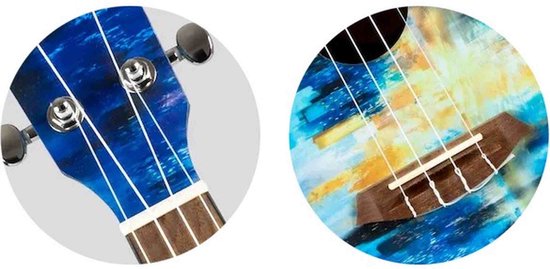 Ukulele met abstracte blauwe en gele print van een stad aan het water. Close-up van de klankkast met de brug.