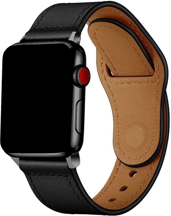 Zwart leren horlogebandje met bruine binnenvoering, geschikt voor Apple Watch 44-49mm.