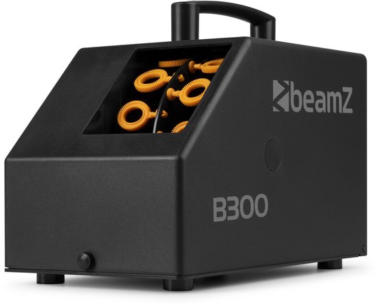 Zwarte BeamZ B300 bellenblaasmachine met handvat en zichtbare oranje bellenblaasringen aan de voorzijde.