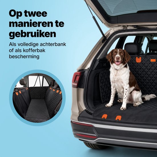 Un chien brun et blanc est assis sur une housse de voiture noire matelassée dans un coffre ouvert. Un cercle montre la housse dans le coffre.