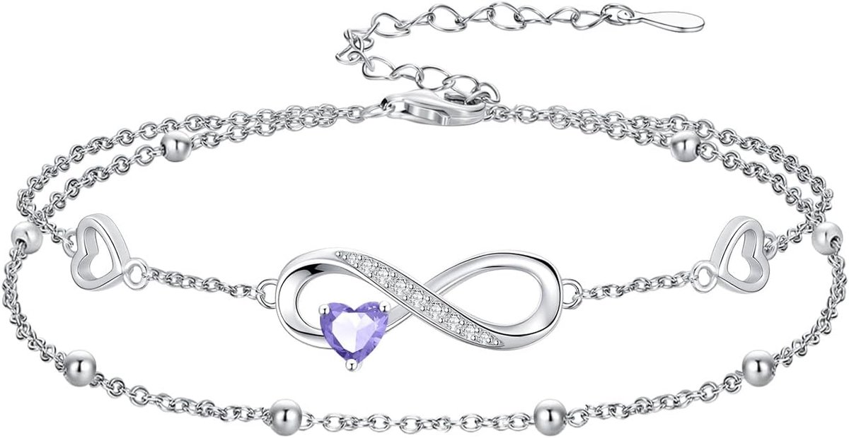 925 sterling zilveren sieraden voor dames, oneindigheidsgraad hart, geboortesteen armband en enkelband, dubbele rijen - ShopVlot