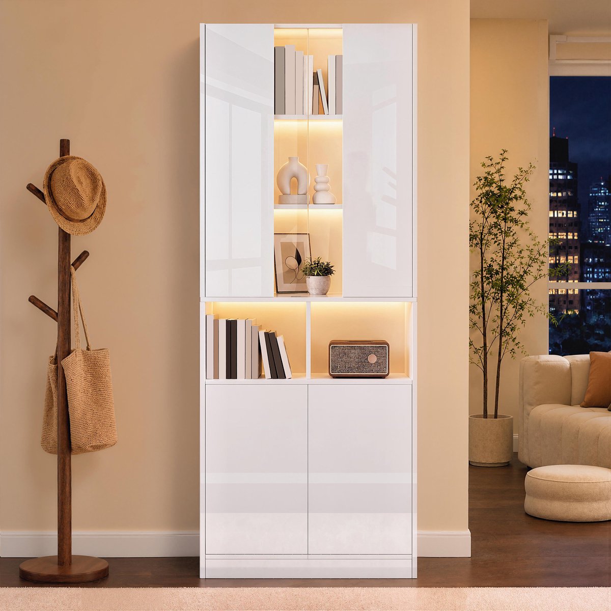 STILVORA Buffetkast - Hoge Kast Met Ledverlichting, Acryl Kijkvenster En Verstelbare Plank - Voor Woonkamer Hal En Slaapkamer - Wit - 70x35x180 Cm