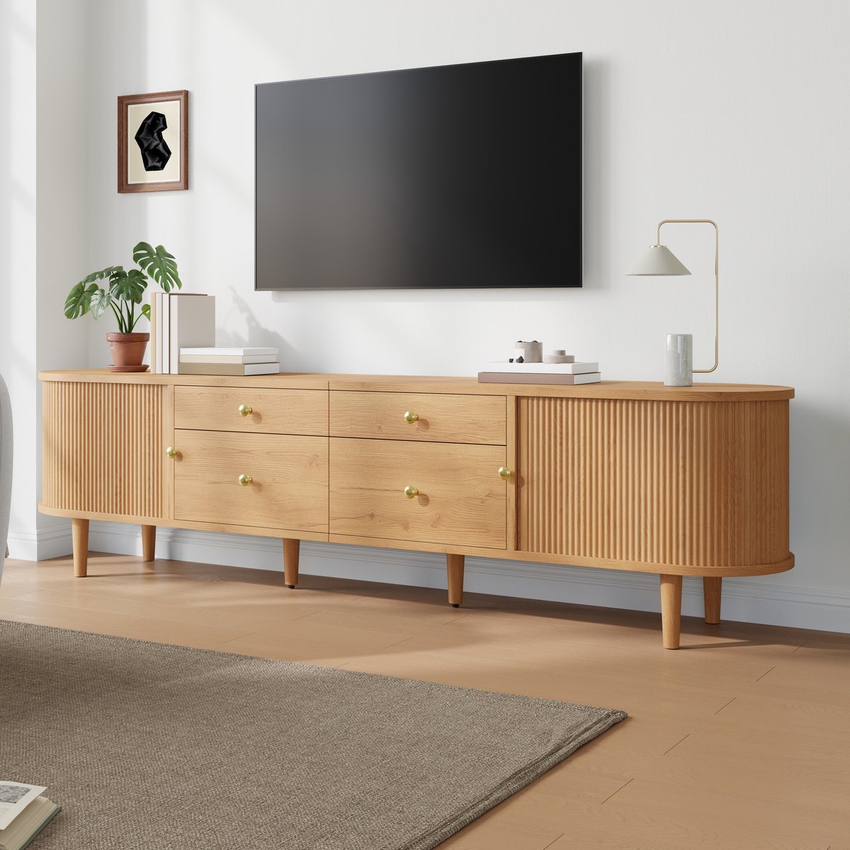 STILVORA TV Meubel - 180 Cm Breed - Met 4 Laden En Schuifdeuren - Ronde Hoeken - Naturel - MDF En Spaanplaat