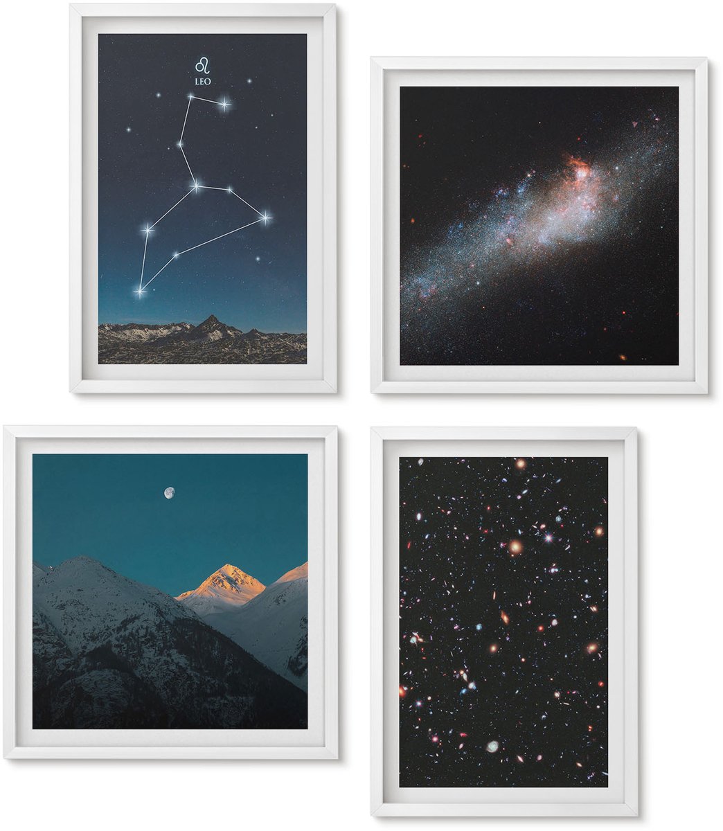 Wallfluent 4-Delige Schilderij Set - Sterrenbeeld Leeuw, Melkwegstelsel En De Ruimte - 40 x 40 En 40 x 60 - Stijlvolle Muurdecoratie - Slaapkamer