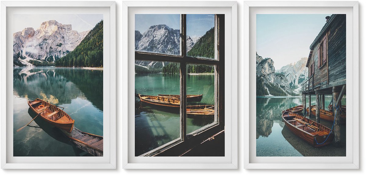 Wallfluent 3-Delige Schilderij Set - Uitzicht Op Een Bergmeer Met Boten En Een Huis Aan Het Water. - 40 x 60 - Decoratieve Schilderijen - Woonkamer - Interieur