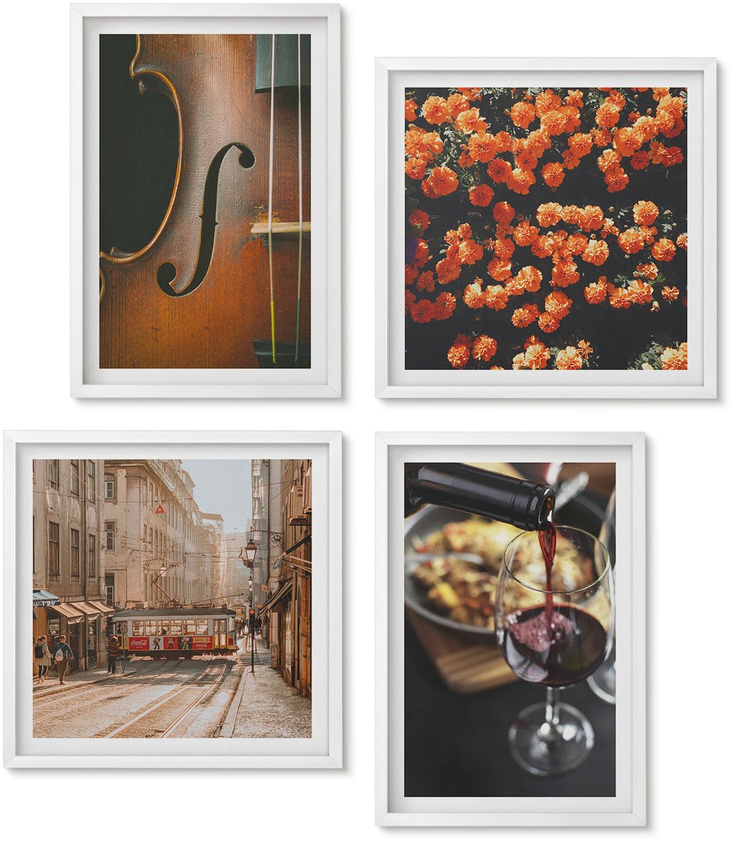 Wallfluent 4-Delige Schilderij Set - Vintage Romantische Bloemenstraat, Wijn En Viool - 40 x 40 En 40 x 60 - Wanddecoratie - Muurdecoratie - Woonkamer - Interieur Decoratie