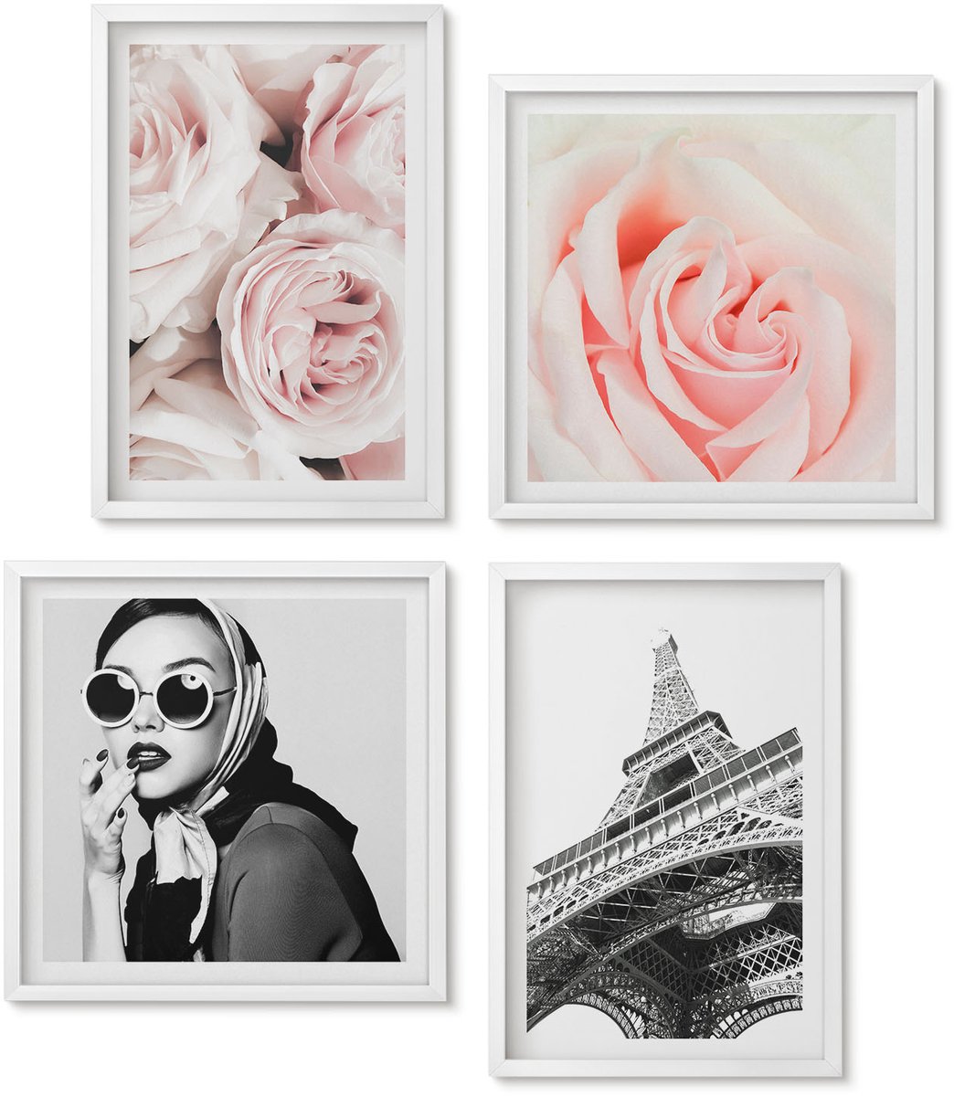 Wallfluent 4-Delige Schilderij Set - Rozen, Modeportret Van Een Vrouw, Eiffeltoren In Parijs - 40 x 40 En 40 x 60 - Muurdecoratie - Schilderijen Set - Woonkamer - Interieur Decoratie