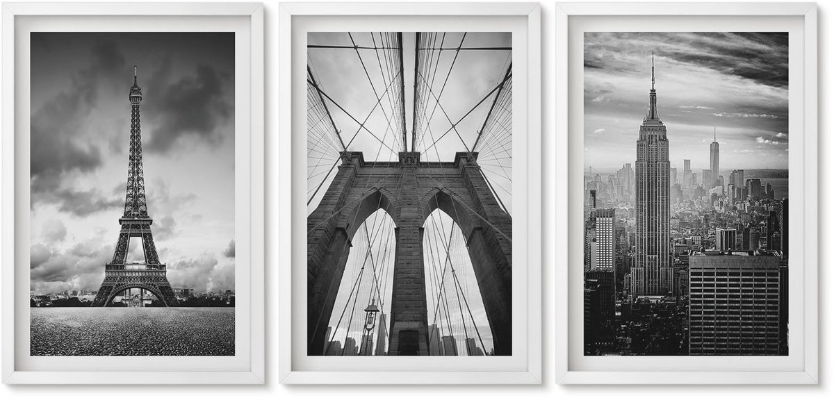 Wallfluent 3-Delige Schilderij Set - Torens En Bruggen In Monochrome Tinten - 40 x 60 - Wanddecoratie - Woonkamer Decoratie - Moderne Wanddecoratie