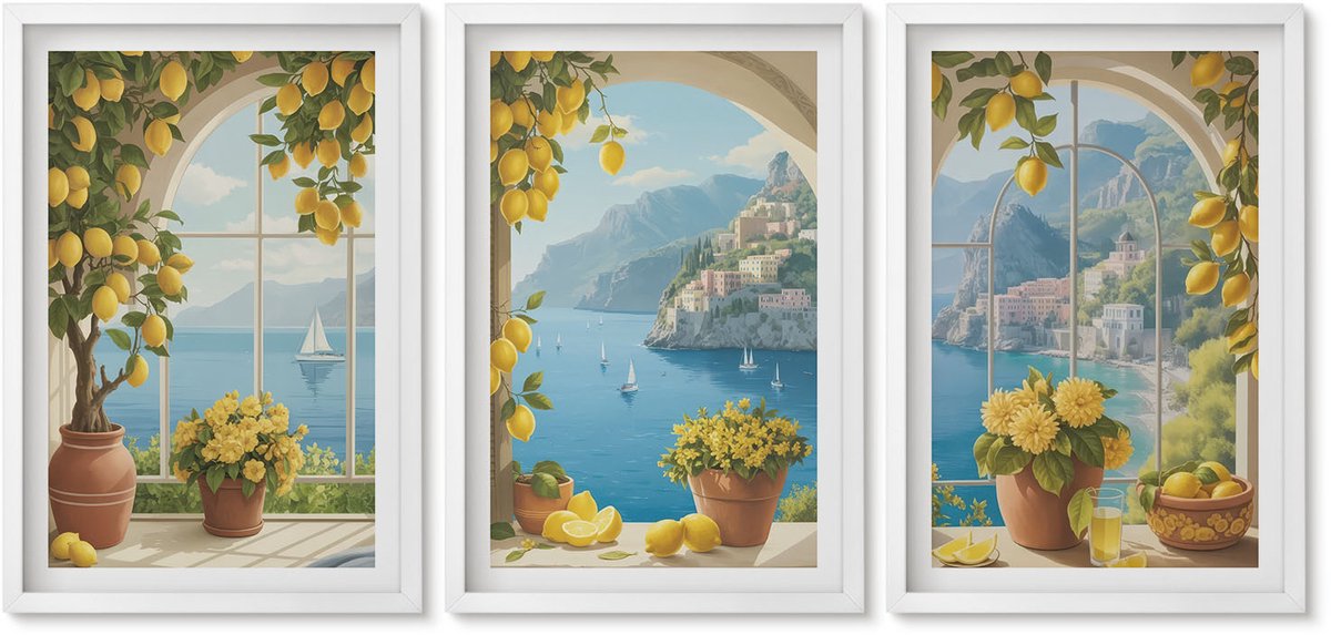 Wallfluent 3-Delige Schilderij Set - Zeegezichten Met Italiaanse Citroenen In De Ramen. - 40 x 60 - Muurdecoratie - Schilderijen Set - Woonkamer - Moderne Wanddecoratie