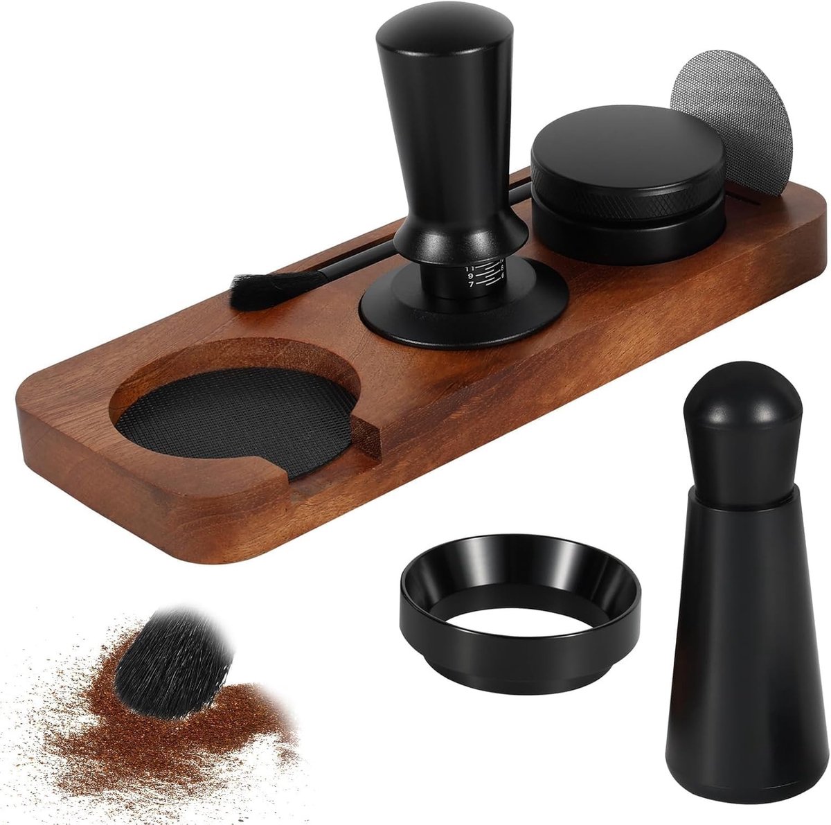 Koffie verdeler - Zilver - 7-delige barista-accessoireset - Roestvrij staal en hout - Voor 51 mm espressomachines