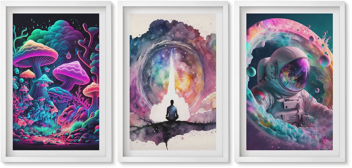 Wallfluent 3-Delige Schilderij Set - Kleurrijke Fantasiekunstillustraties - 40 x 60 - Muurdecoratie - Schilderijen Set - Woonkamer - Interieur Decoratie