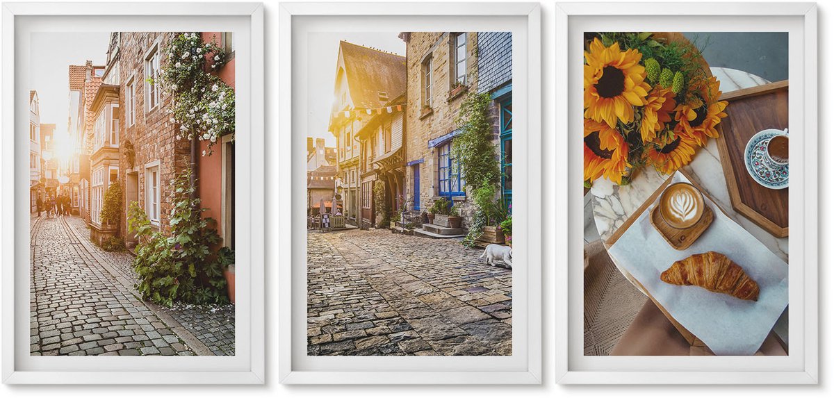 Wallfluent 3-Delige Schilderij Set - Sfeervolle Straatjes Met Koffie En Zonnebloemen - 40 x 60 - Decoratieve Schilderijen - Woonkamer - Interieur - Woonkamer Decoratie