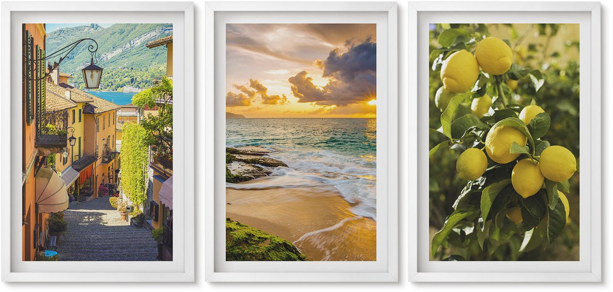 Wallfluent 3-Delige Schilderij Set - Schilderachtige Straatjes, Zee, Strand En Citrusbomen. - 40 x 60 - Wanddecoratie - Schilderijen Set - Interieur - Moderne Wanddecoratie