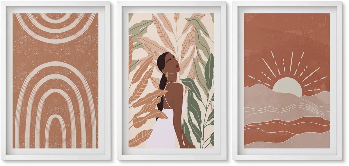 Wallfluent 3-Delige Schilderij Set - Boho Abstracte Vormen En Illustraties - 40 x 60 - Decoratieve Schilderijen - Wanddecoratie - Hal