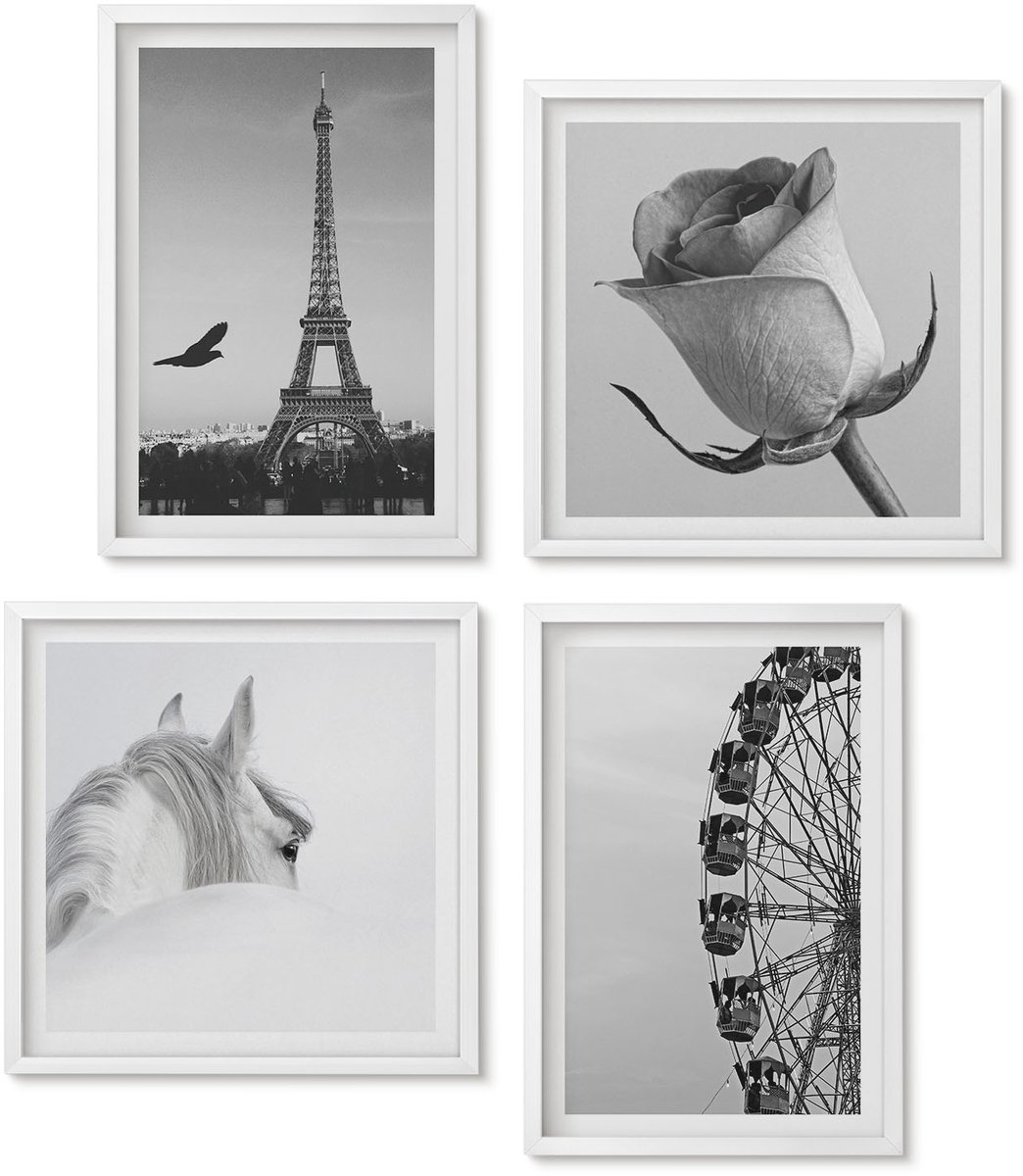 Wallfluent 4-Delige Schilderij Set - Roze Eiffeltoren Paard Reuzenrad Monochroom - 40 x 40 En 40 x 60 - Wanddecoratie - Woonkamer Decoratie - Muurdecoratie
