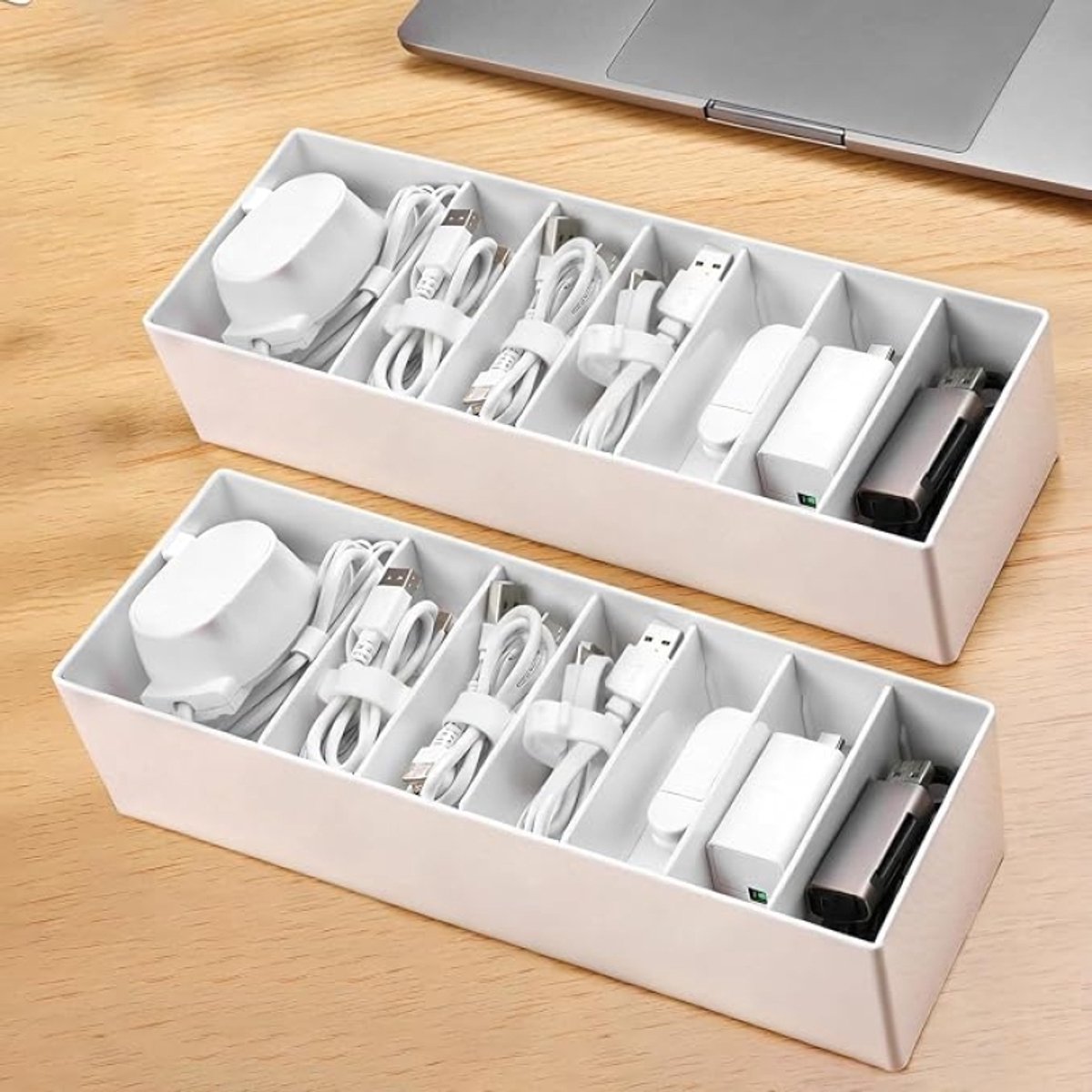 Huis Geluk Datakabelorganisator Klein 2-Pack - Witte Kabeldoos met Verstelbare Vakken en 14 Silicone Kabelbinders voor Opbergdoos van Schrijfwaren, Batterijen en Oplaadkabels